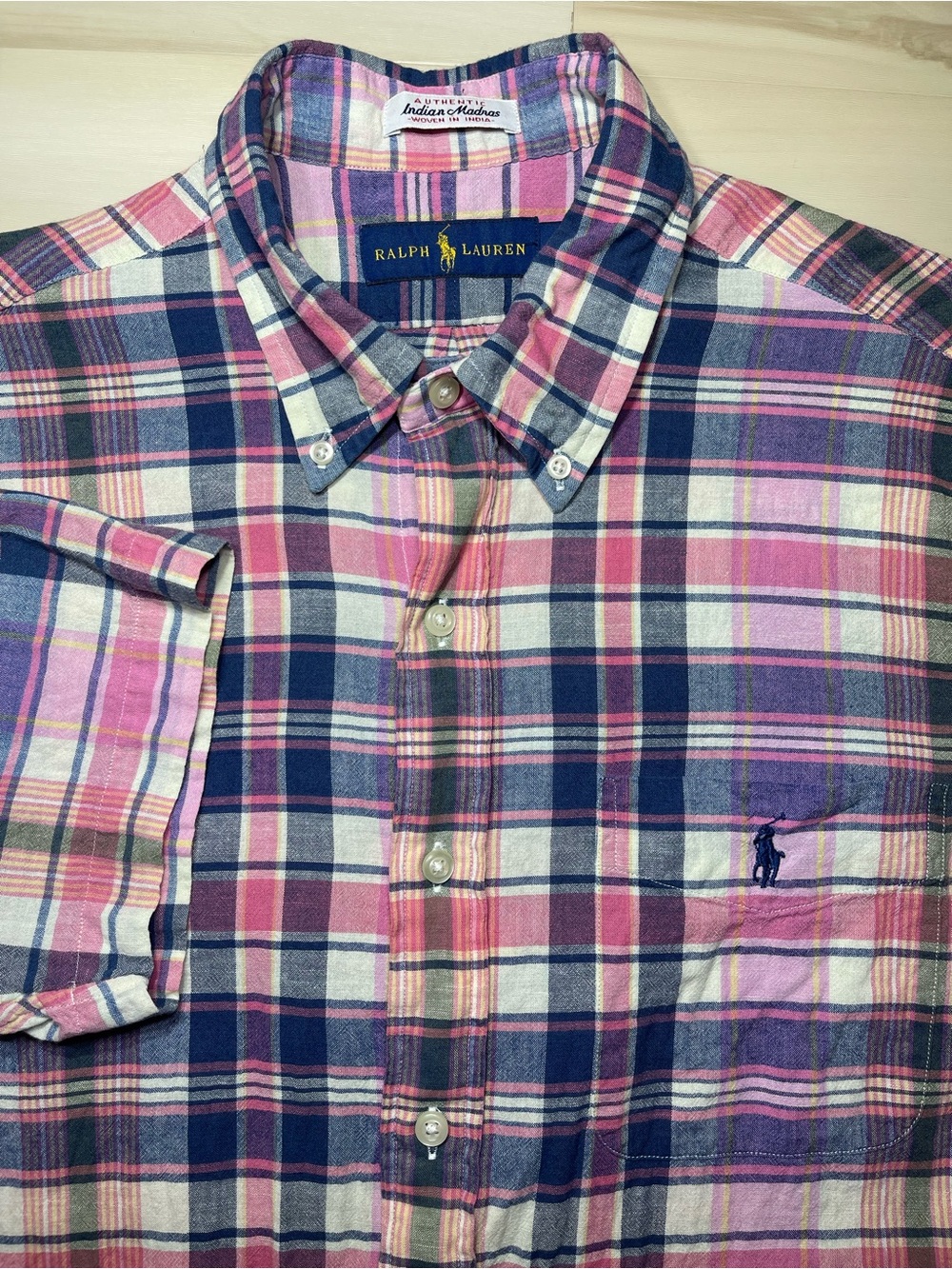Polo Ralph Lauren Shirt Men’s Sz Med Indian Madras Pink Navy Plaid Preppy Casual